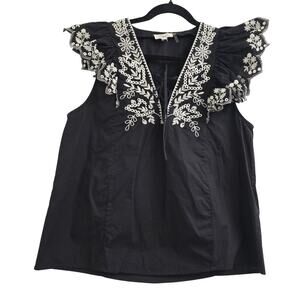 Elan Women’s Black Blouse Embroidered Eyelet Lace Ruffle Resortwear Boho M